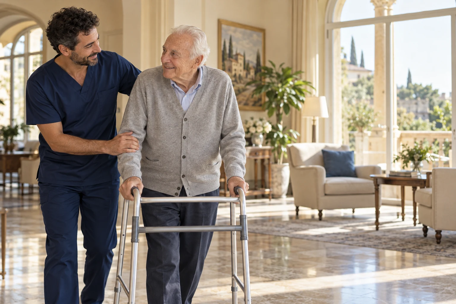 Operatore sociosanitario che accompagna un anziano con un deambulatore